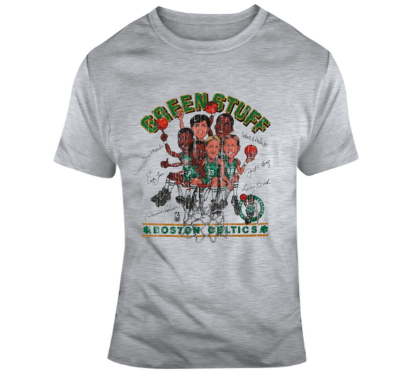 Retro Boston Basketball Team Green Stuff  Bird Parrish Ainge Caricature Distressed   T Shirt